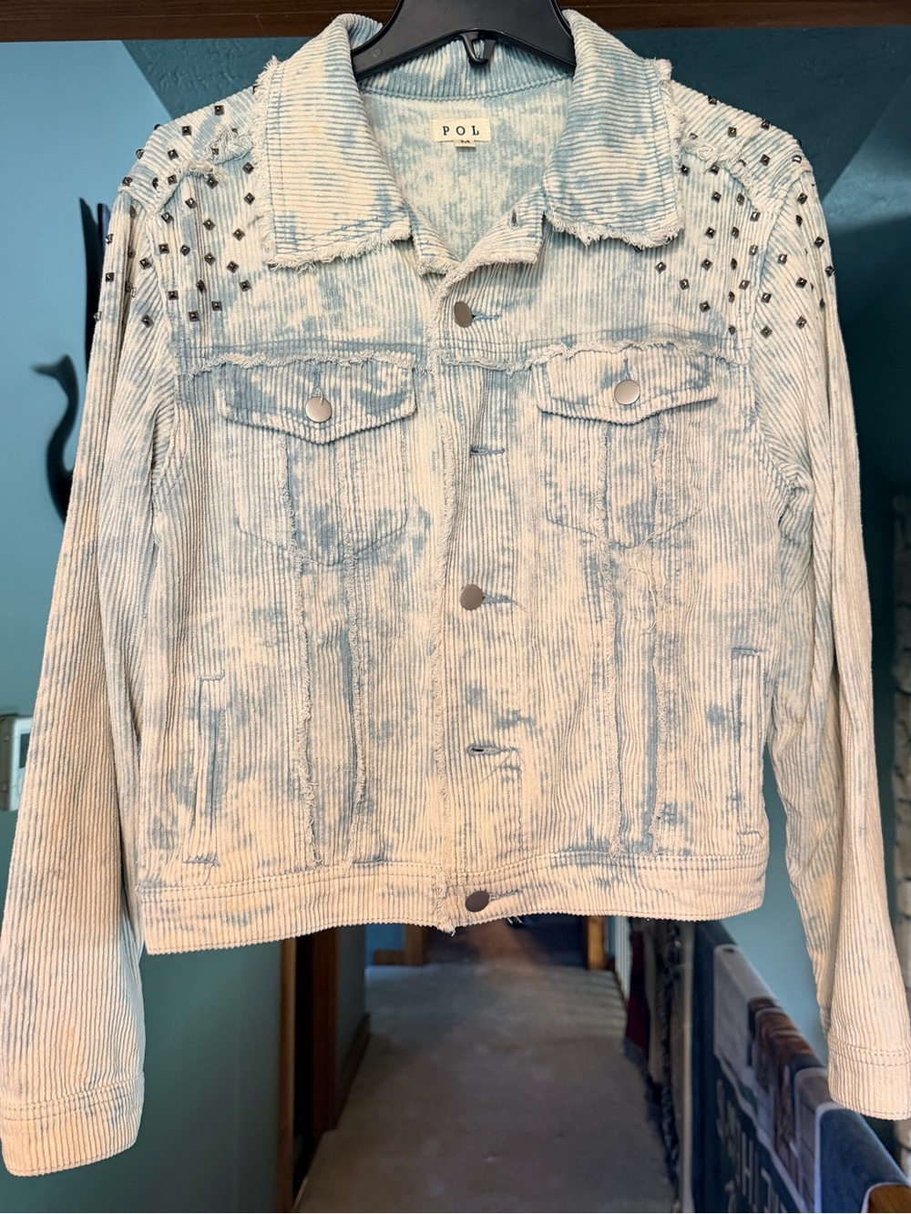 POL Light Blue Bleached Corduroy Jacket with Studded Shoulders